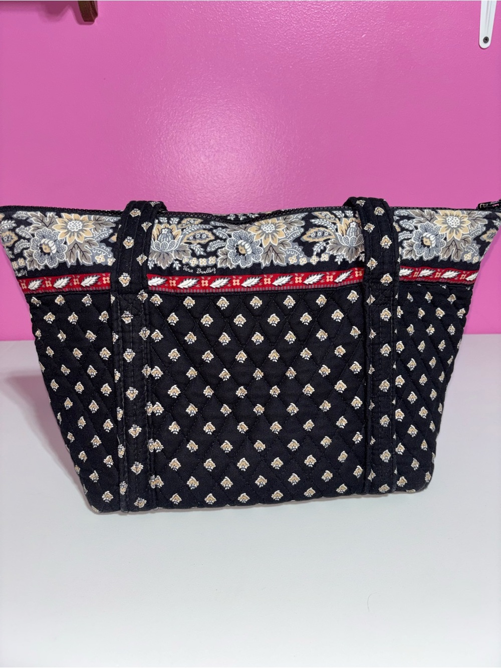 Vera Bradley Black Quilted Floral Tote Shoulder Bag Zip Top Cotton - Picture 3 of 11
